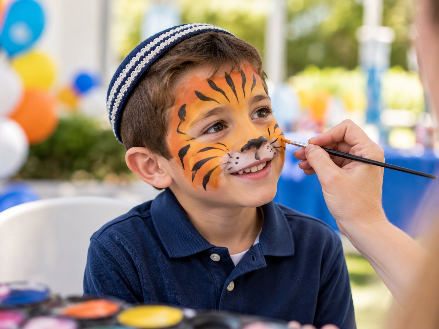 A boy getting tiger face paint at a party