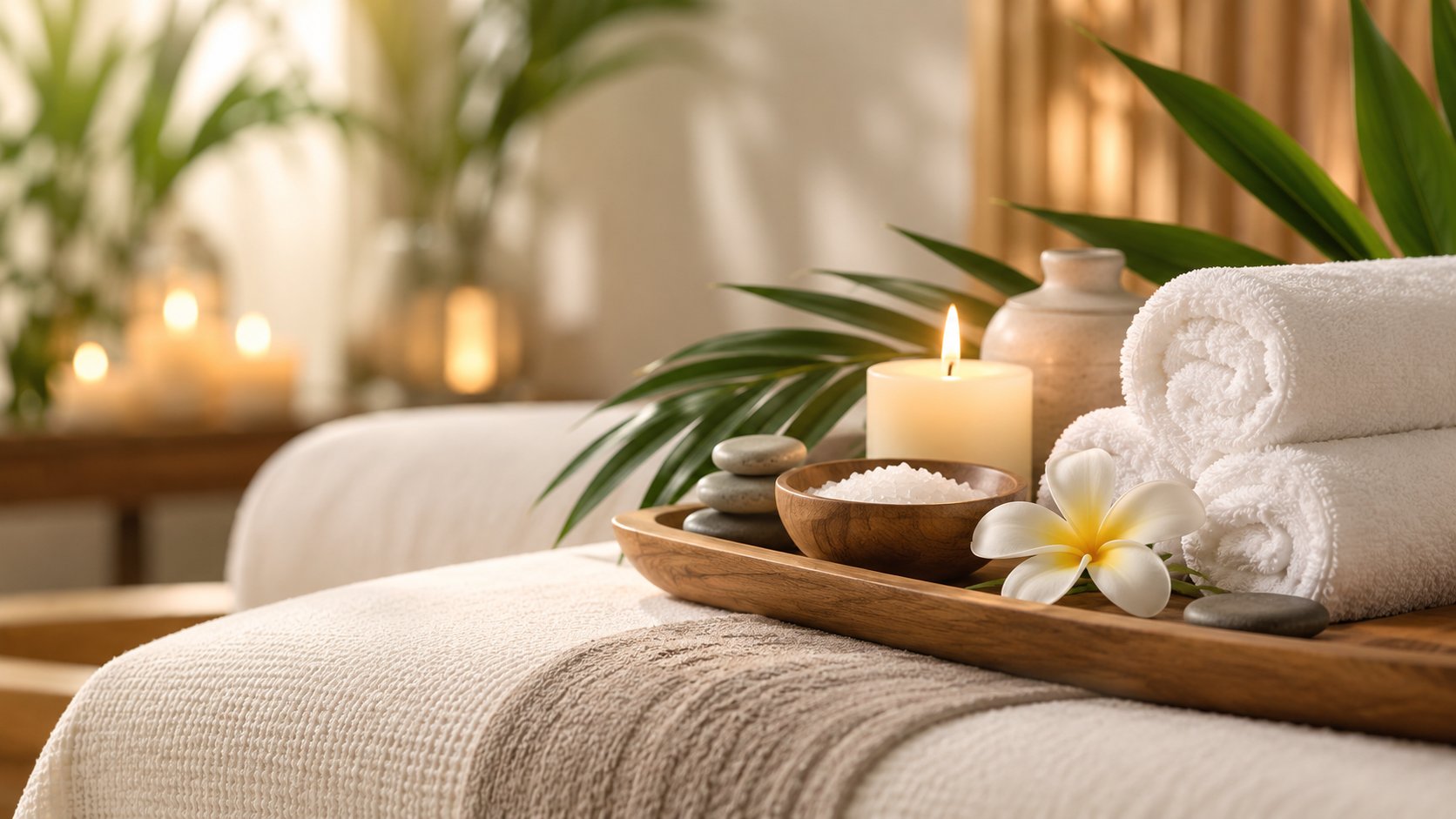 Candles, towels and spa essentials laid out for a treatment