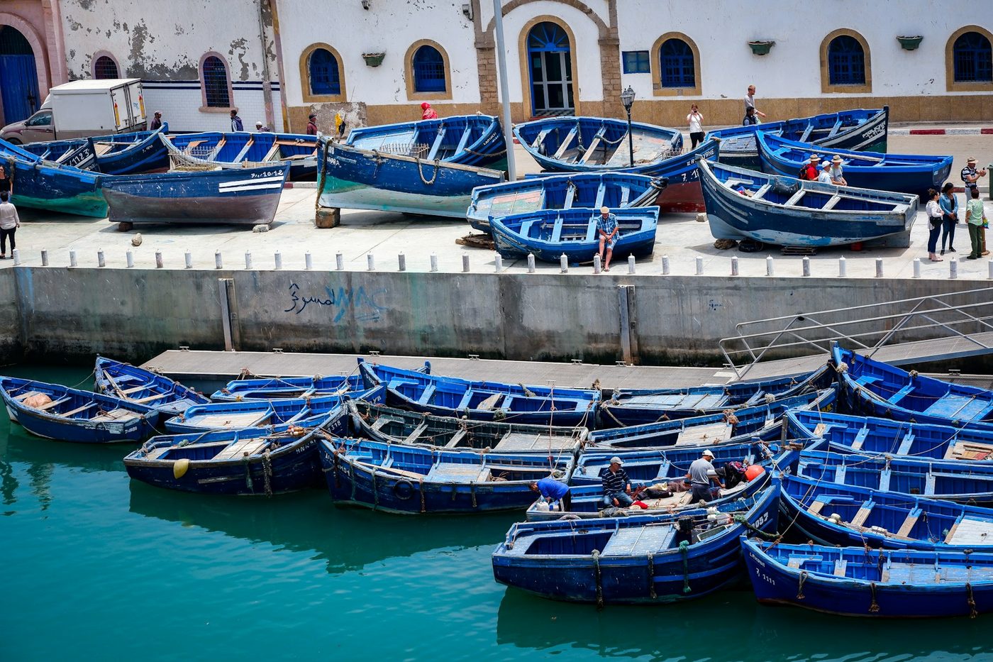 Blue fishing boats in the port of Essaouira